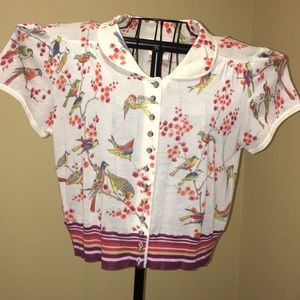Anthropology cotton bird print cardigan